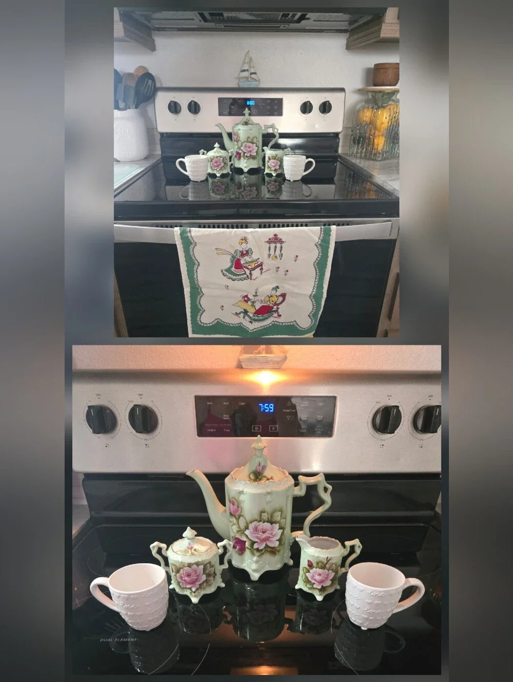 Vintage Lefton Green Heritage Porcelain Tea Set with Handpainted Pink Roses